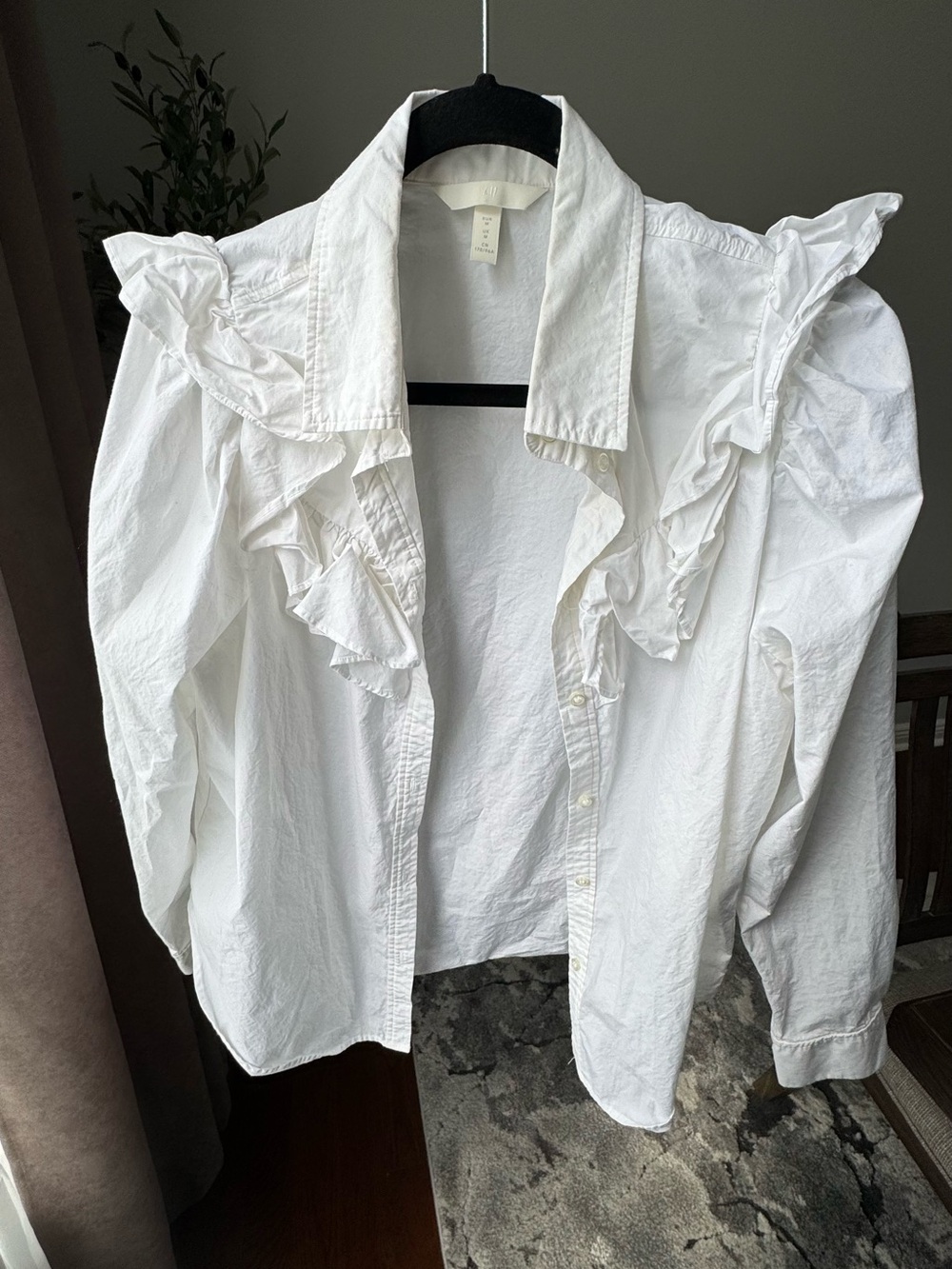 H&M White Ruffle-Detail Button Down Shirt
